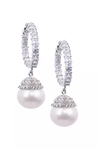 White Princess Cut Diamonds Big Hoops With White Pearl Drop