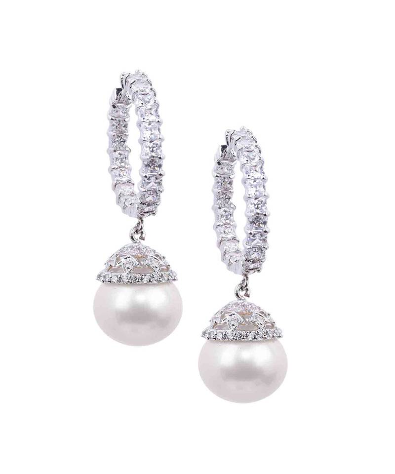 White Princess Cut Diamonds Big Hoops With White Pearl Drop