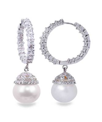 White Princess Cut Diamonds Big Hoops With White Pearl Drop 4