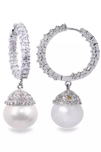 White Princess Cut Diamonds Big Hoops With White Pearl Drop