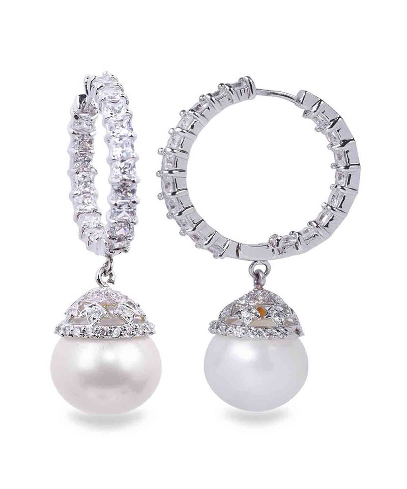 White Princess Cut Diamonds Big Hoops With White Pearl Drop