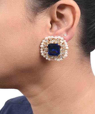 Blue Emerald Cut Blue Sapphire Stud With Diamonds And Cultured Pearl Halo In 18K Gold Polish 1
