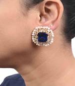 Blue Emerald Cut Blue Sapphire Stud With Diamonds And Cultured Pearl Halo In 18K Gold Polish