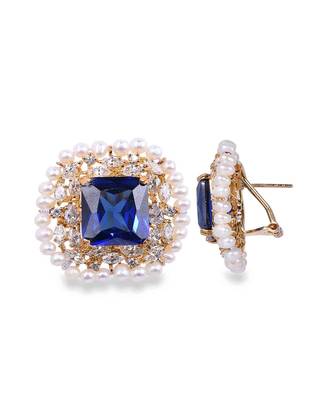 Blue Emerald Cut Blue Sapphire Stud With Diamonds And Cultured Pearl Halo In 18K Gold Polish 3
