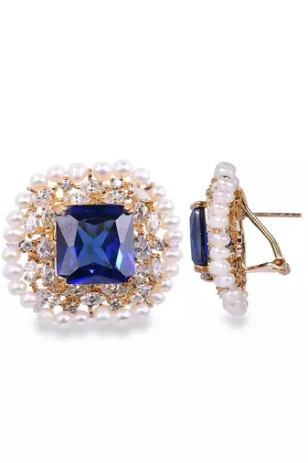 Blue Emerald Cut Blue Sapphire Stud With Diamonds And Cultured Pearl Halo In 18K Gold Polish