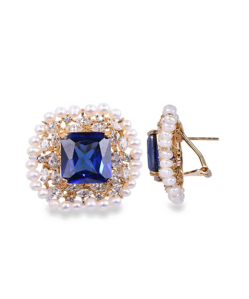 Blue Emerald Cut Blue Sapphire Stud With Diamonds And Cultured Pearl Halo In 18K Gold Polish