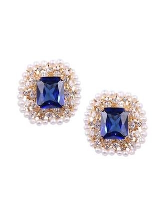 Blue Emerald Cut Blue Sapphire Stud With Diamonds And Cultured Pearl Halo In 18K Gold Polish 4