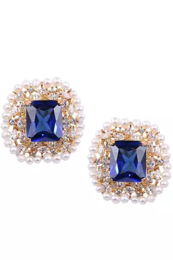 Blue Emerald Cut Blue Sapphire Stud With Diamonds And Cultured Pearl Halo In 18K Gold Polish