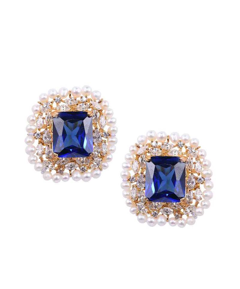 Blue Emerald Cut Blue Sapphire Stud With Diamonds And Cultured Pearl Halo In 18K Gold Polish