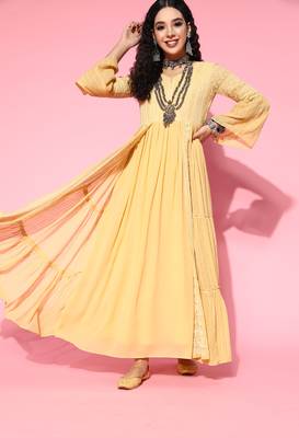 Yellow embroidered georgette ethnic-kurtis 1