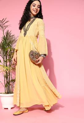 Yellow embroidered georgette ethnic-kurtis 3
