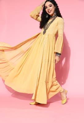 Yellow embroidered georgette ethnic-kurtis 4