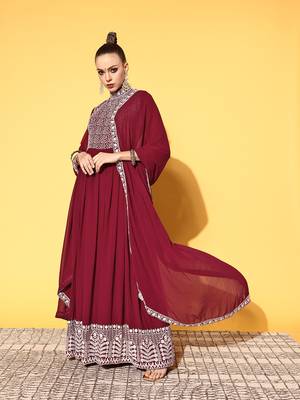 Maroon embroidered georgette ethnic-kurtis 1