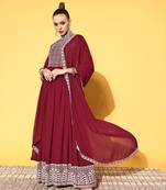 Maroon embroidered georgette ethnic-kurtis