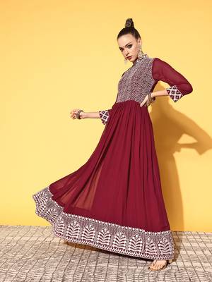 Maroon embroidered georgette ethnic-kurtis 3