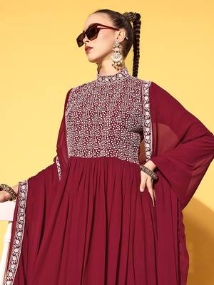 Maroon embroidered georgette ethnic-kurtis 4