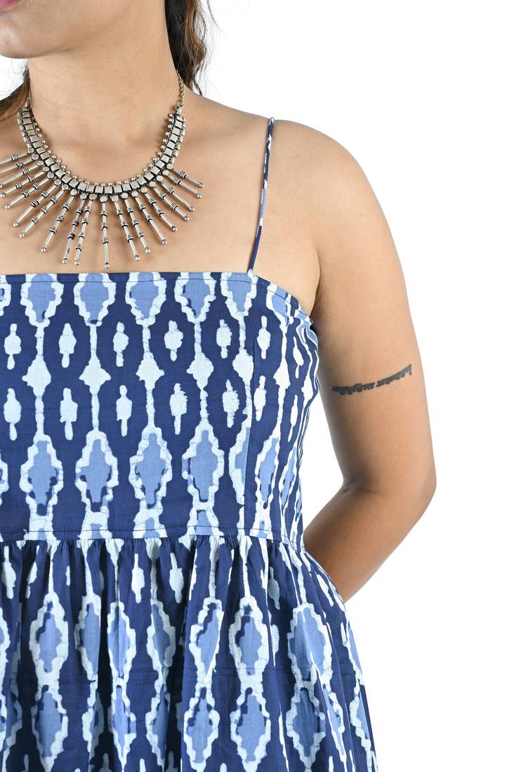 Blue & White A-line One-Piece Dress For Women