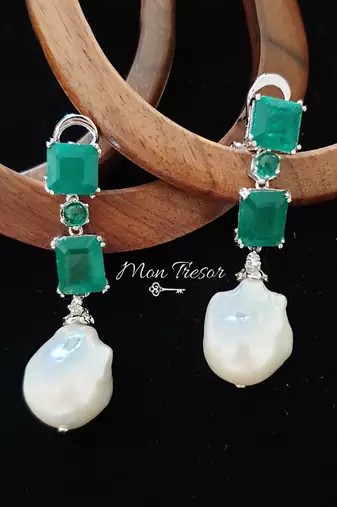 Green Emeralds With Baroque Pearl Drop