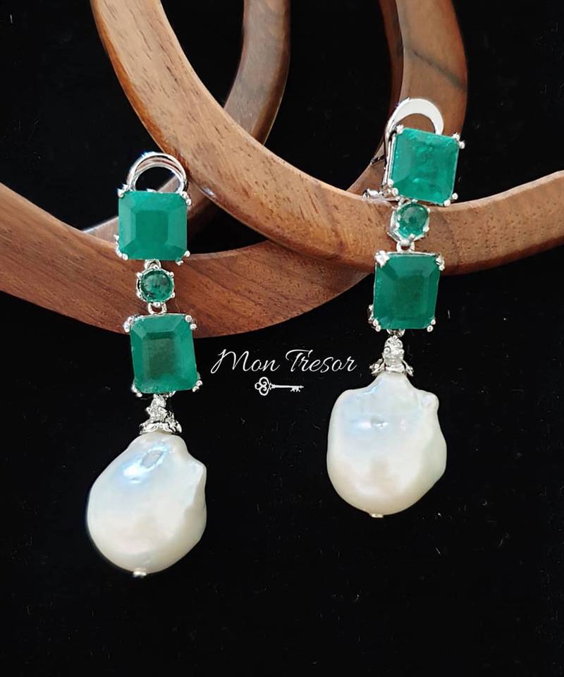 Green Emeralds With Baroque Pearl Drop
