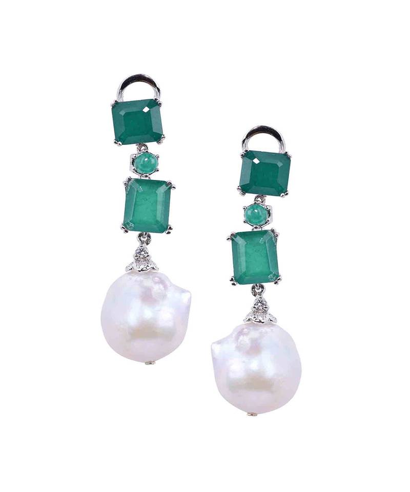 Green Emeralds With Baroque Pearl Drop