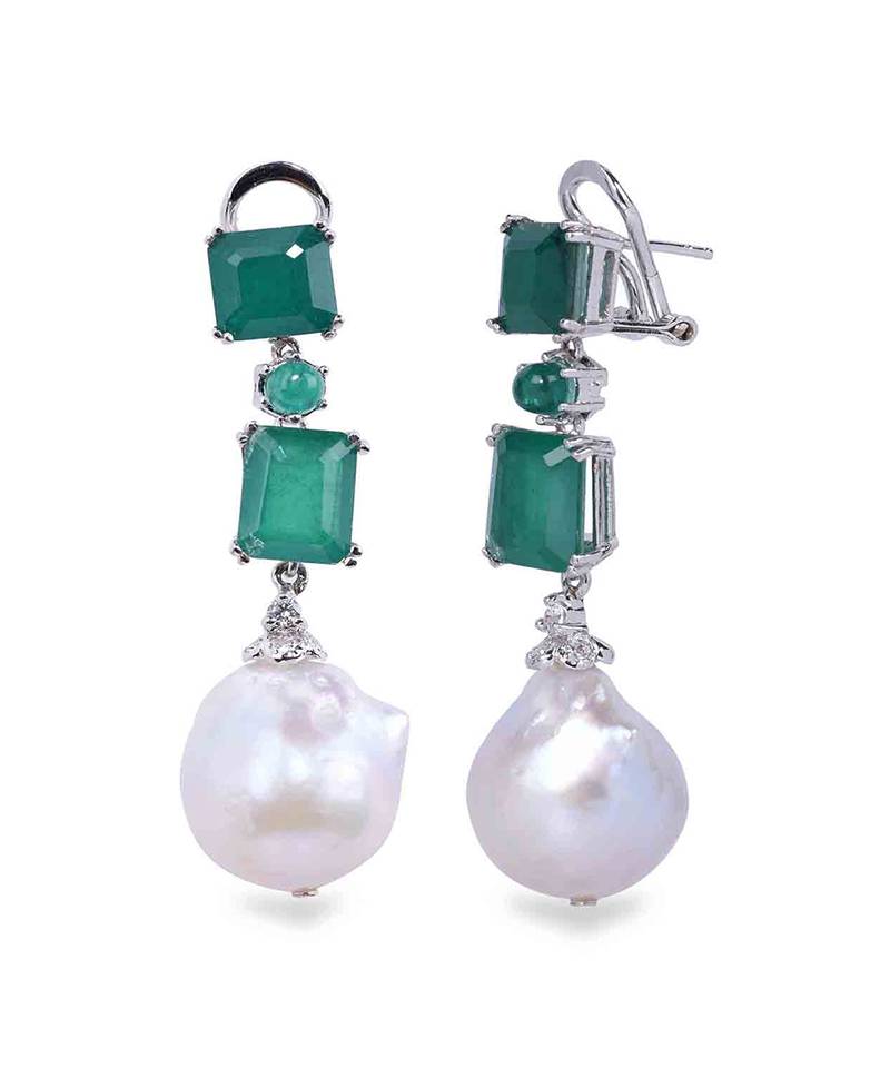 Green Emeralds With Baroque Pearl Drop
