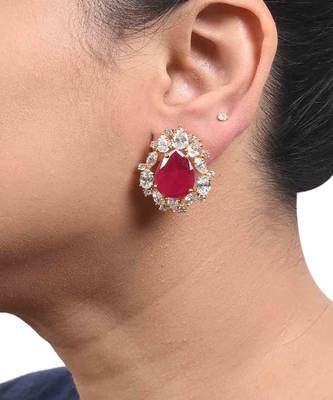 Red Pear Shaped Ruby Stud With Different Shaped Diamond Halo In 18K Gold Polish 1