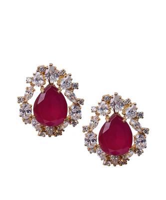 Red Pear Shaped Ruby Stud With Different Shaped Diamond Halo In 18K Gold Polish 3