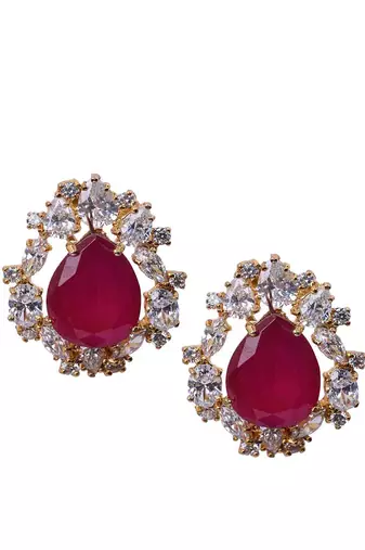 Red Pear Shaped Ruby Stud With Different Shaped Diamond Halo In 18K Gold Polish