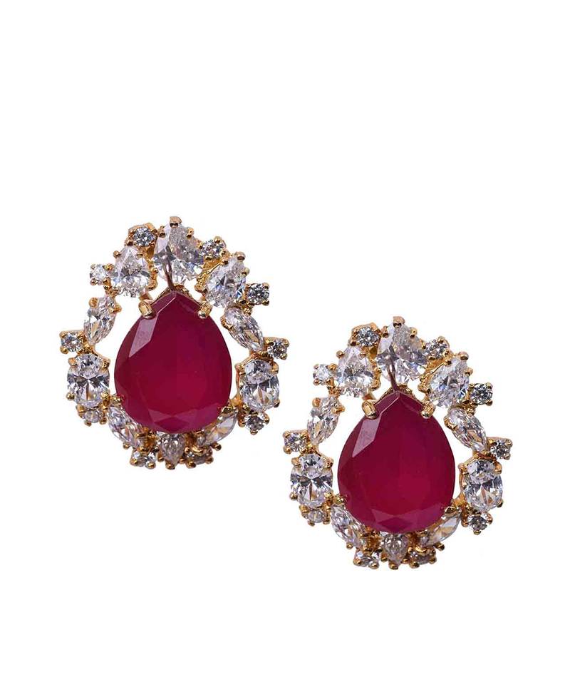 Red Pear Shaped Ruby Stud With Different Shaped Diamond Halo In 18K Gold Polish