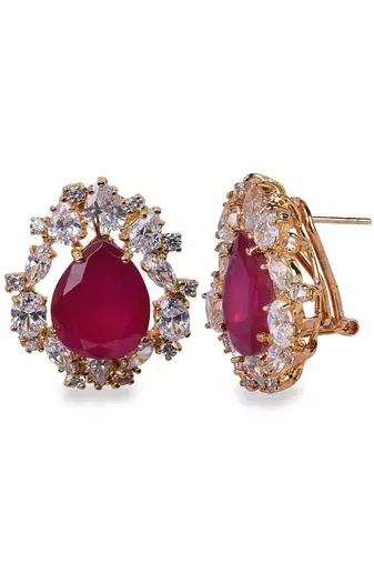 Red Pear Shaped Ruby Stud With Different Shaped Diamond Halo In 18K Gold Polish