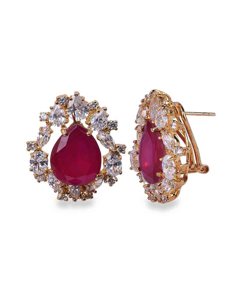 Red Pear Shaped Ruby Stud With Different Shaped Diamond Halo In 18K Gold Polish