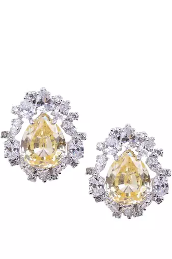 Yellow Pear Shaped Yellow Sapphire Stud With Different Shaped Diamond Halo