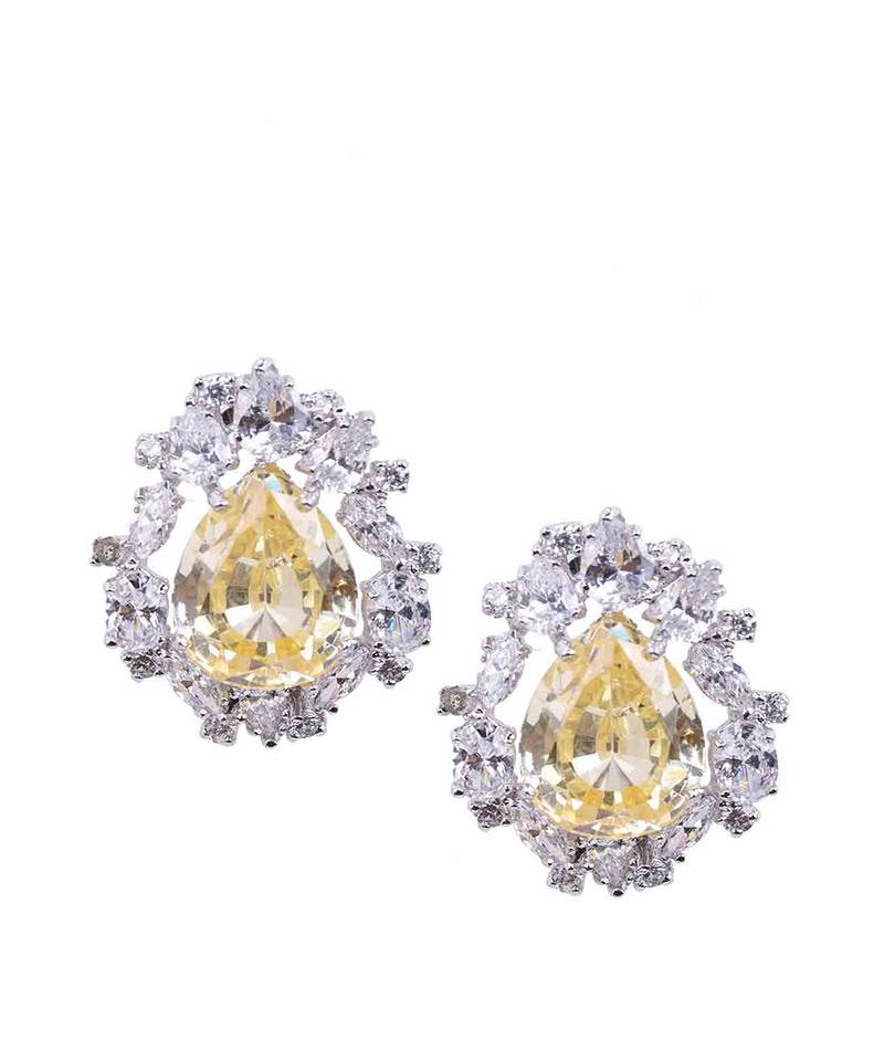 Yellow Pear Shaped Yellow Sapphire Stud With Different Shaped Diamond Halo