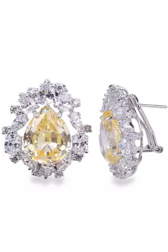 Yellow Pear Shaped Yellow Sapphire Stud With Different Shaped Diamond Halo