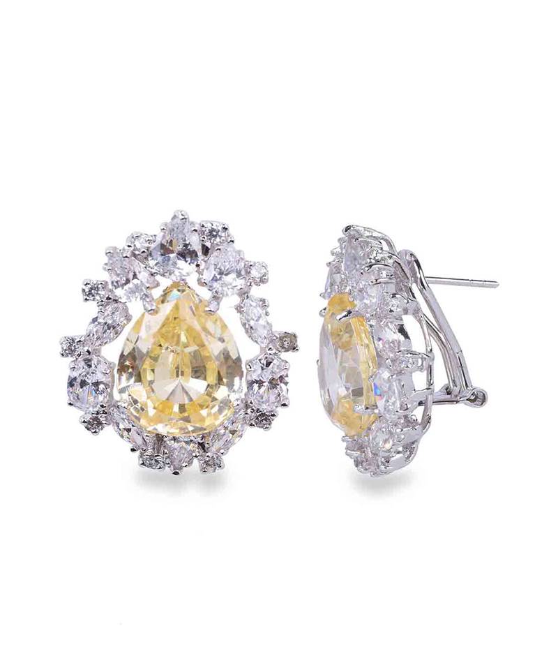 Yellow Pear Shaped Yellow Sapphire Stud With Different Shaped Diamond Halo