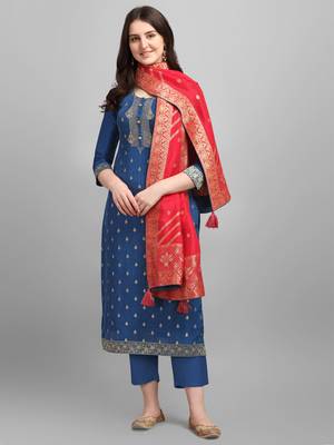 Blue jacquard top with jacquard contrast dupatta with Trousers 1