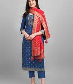 Blue jacquard top with jacquard contrast dupatta with Trousers