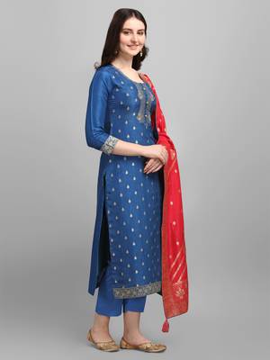 Blue jacquard top with jacquard contrast dupatta with Trousers 3