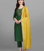 Green jacquard top with jacquard contrast dupatta with Trousers