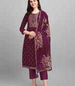 Wine jacquard top with printed organza dupatta with Trousers