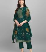 Green jacquard top with printed organza dupatta with Trousers
