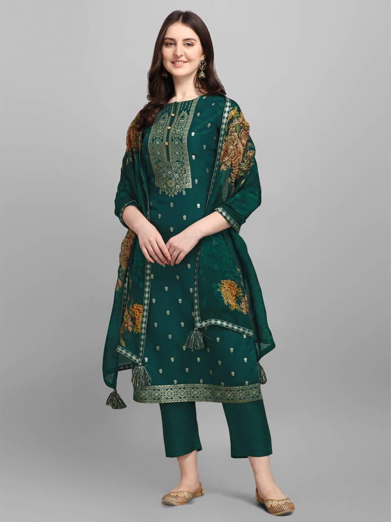 Green jacquard top with printed organza dupatta with Trousers