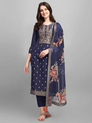 Blue jacquard top with printed organza dupatta with Trousers 1