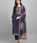 Blue jacquard top with printed organza dupatta with Trousers