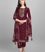 Maroon jacquard top with printed organza dupatta with Trousers
