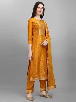 Mastard jacquard top with siquins work chinon dupatta with Trousers 3
