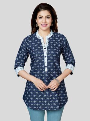 Blue printed cotton poly short-kurtis 1