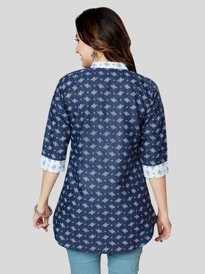 Blue printed cotton poly short-kurtis 2