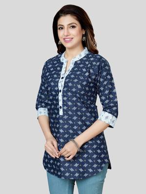 Blue printed cotton poly short-kurtis 3