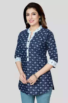 Blue printed cotton poly short-kurtis